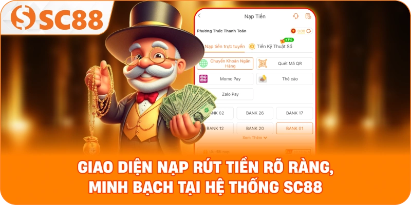 giao diện nạp rút tiền rõ ràng, minh bạch tại hệ thống SC88